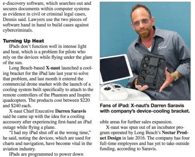 Fans of iPad: X-Naut's Darren Saravis with Company's Device Cooling Bracket - Featured in Los Angeles Business Journal